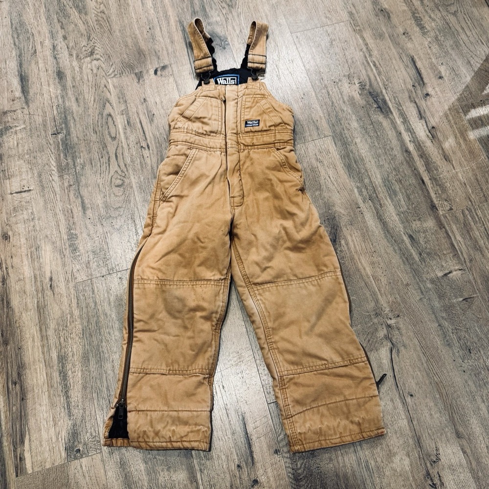 WALLS Blizzard Pruf Youth 6-7 TAN Insulated Duck BIB OVERALLS Full Zip Leg Used
